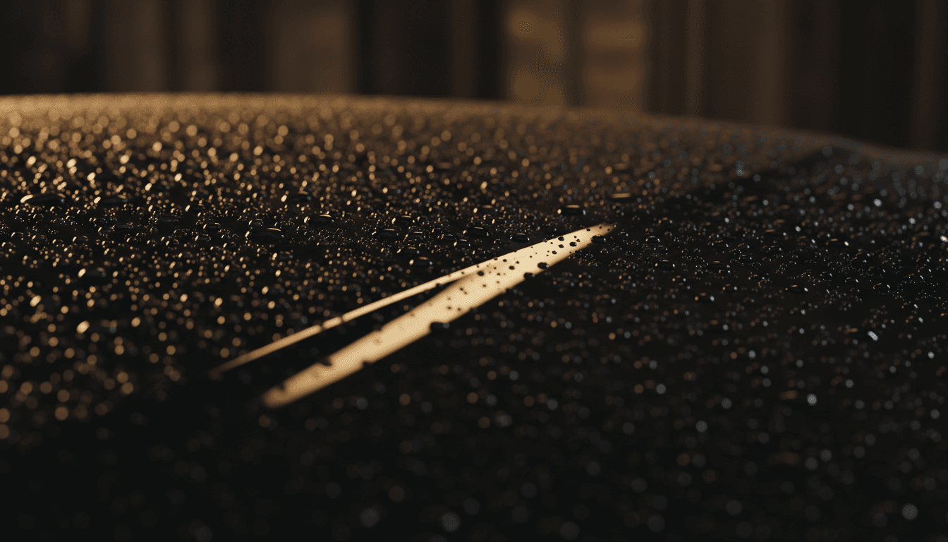 Glossy black car hood with water beading after detailing