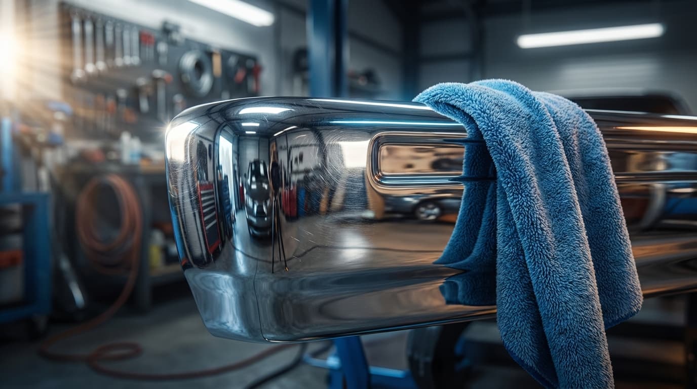 Detailing specialist polishing a dark luxury sedan under focused studio lights in Oslo