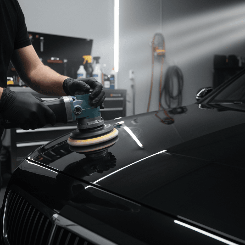 Glossy black car polished to a mirror finish in a dark detailing studio