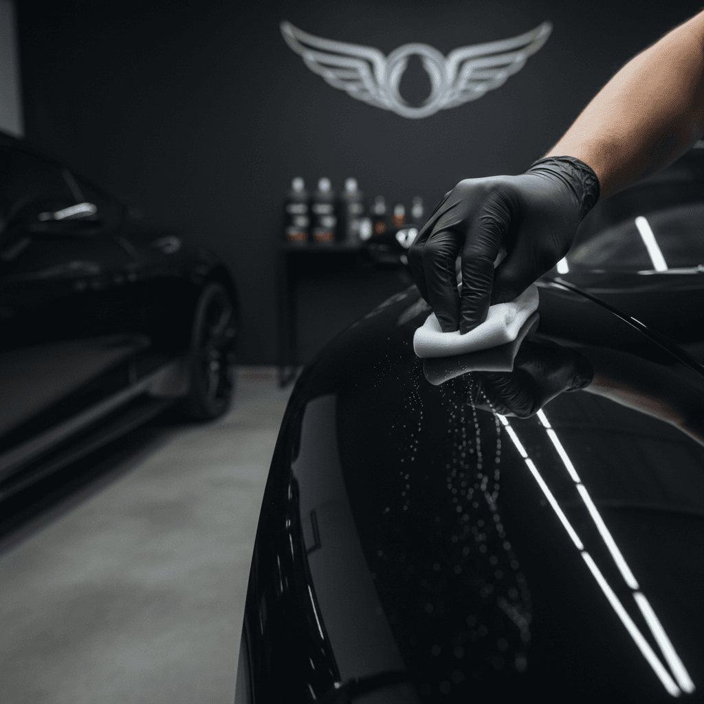 Detailer carefully applying ceramic coating to a car panel