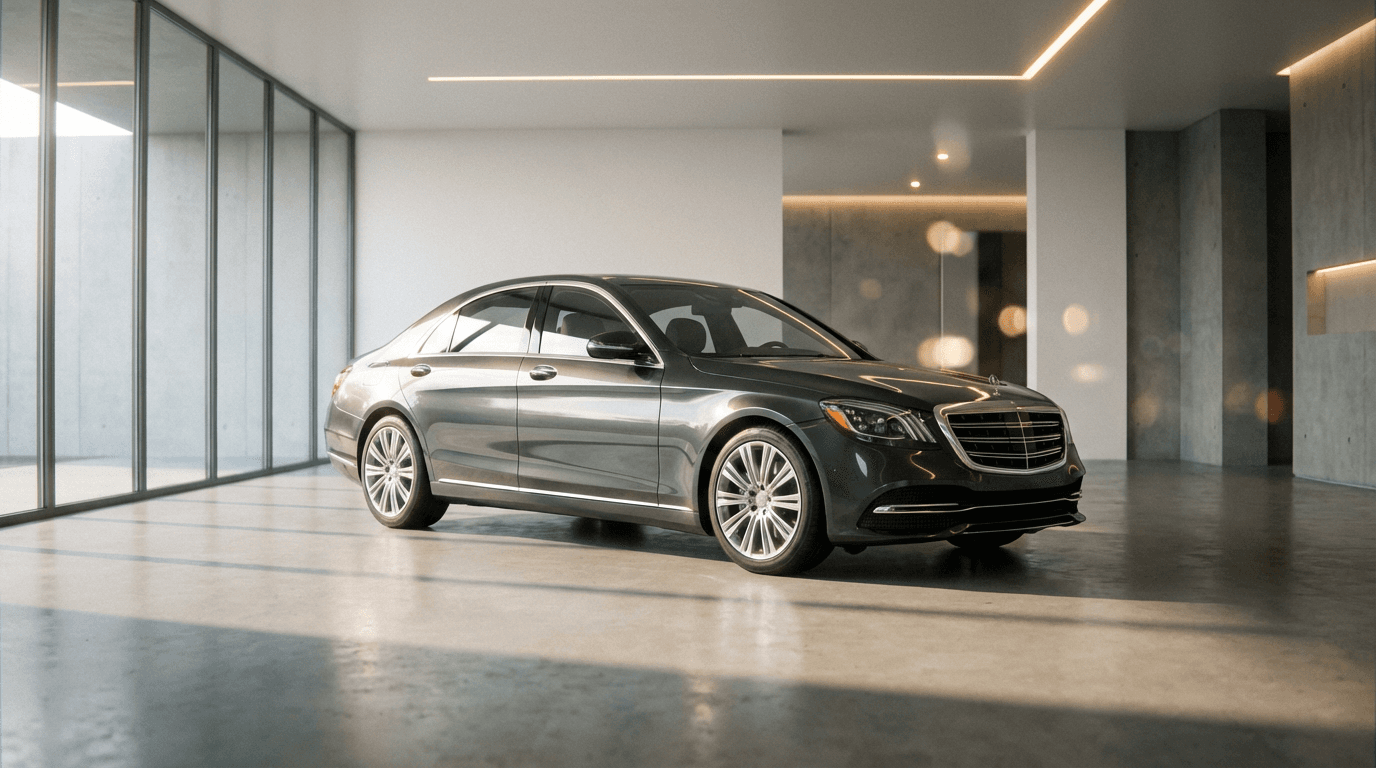 Silver luxury sedan with subtle paint protection film line highlighted in a dark studio