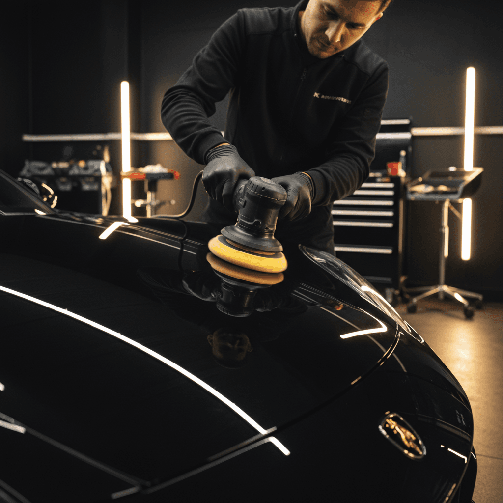 Technician polishing a dark blue sports car door with a dual-action polisher