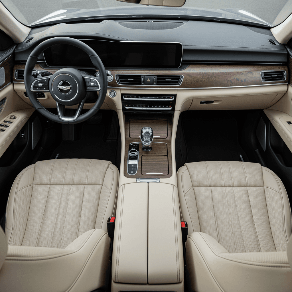Overhead view of clean black SUV interior with detailed leather seats and dashboard
