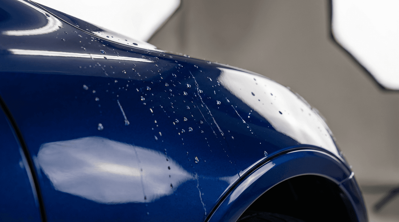 Glossy black sports car polished to a mirror finish in a dark studio with dramatic spotlight reflections