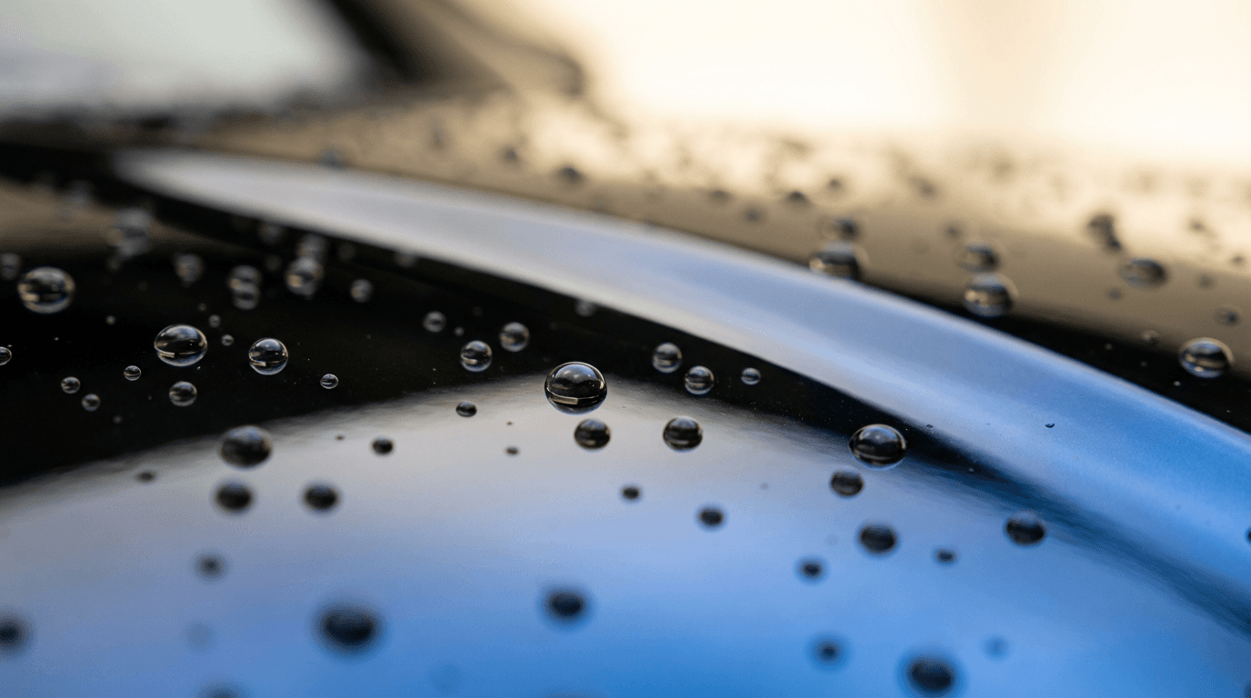 Glossy black car hood with beaded water droplets after detailing