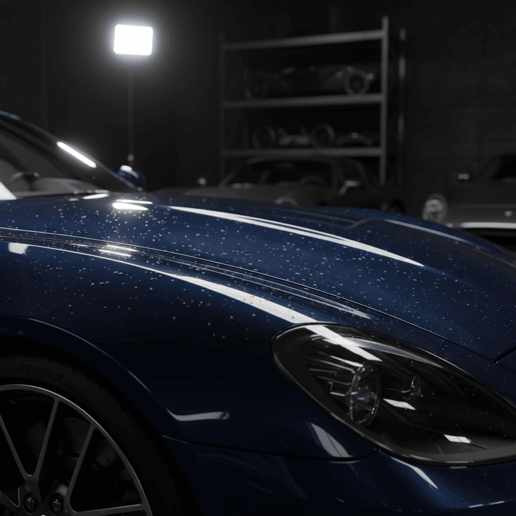 Car with glossy paint reflecting studio lights in a dark detailing bay